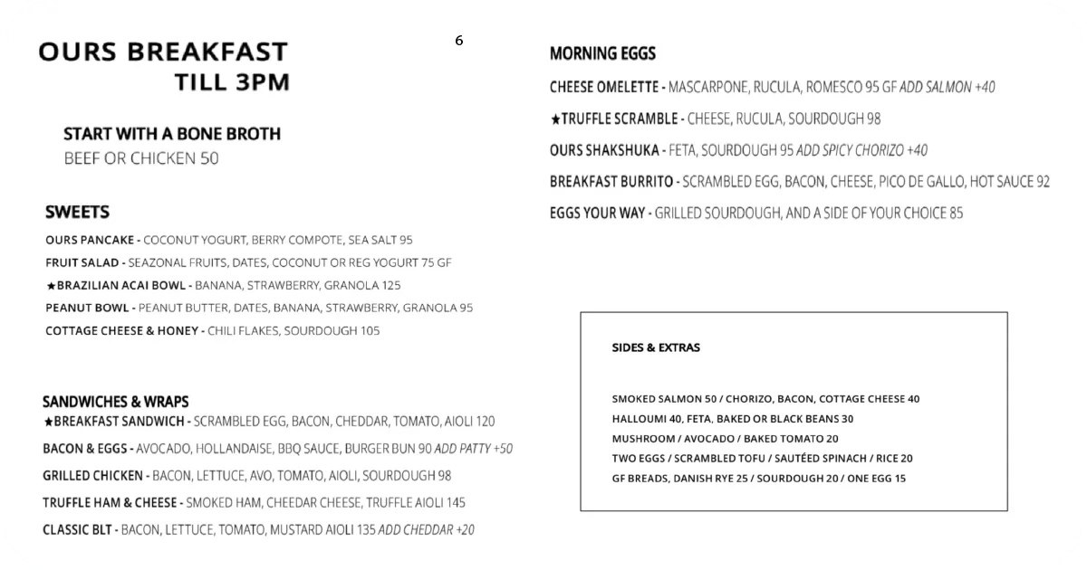 Ours breakfast menu with pancakes, acai bowl, omelettes, breakfast burrito