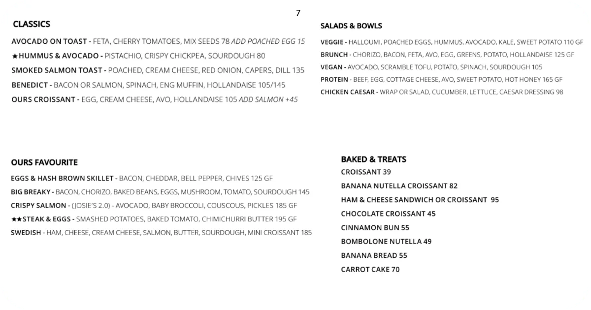 Ours classics and favorites menu with salads, bowls, and baked treats