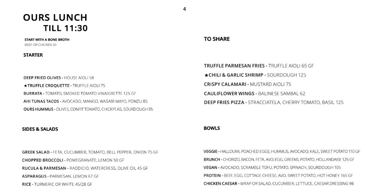 Ours lunch menu with starters, sides, share plates, and bowls
