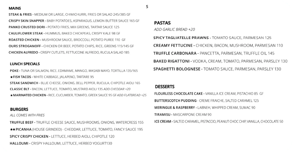 Ours mains, pastas, burgers, lunch specials, and desserts menu