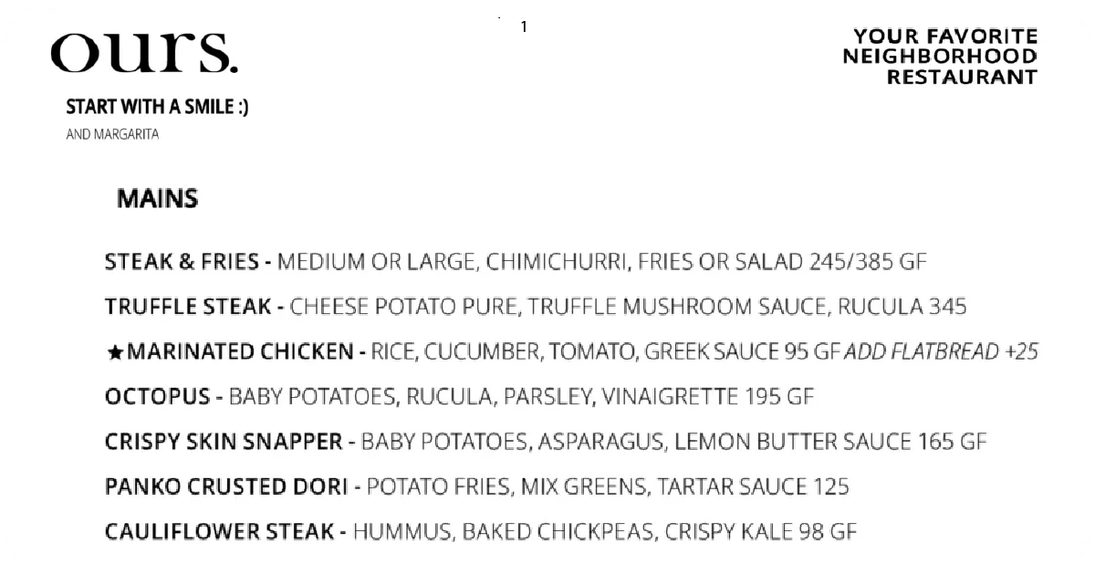 Ours menu mains include steak, octopus, crispy snapper, cauliflower steak