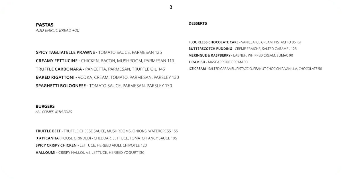 Ours menu pastas, burgers with fries, and classic desserts