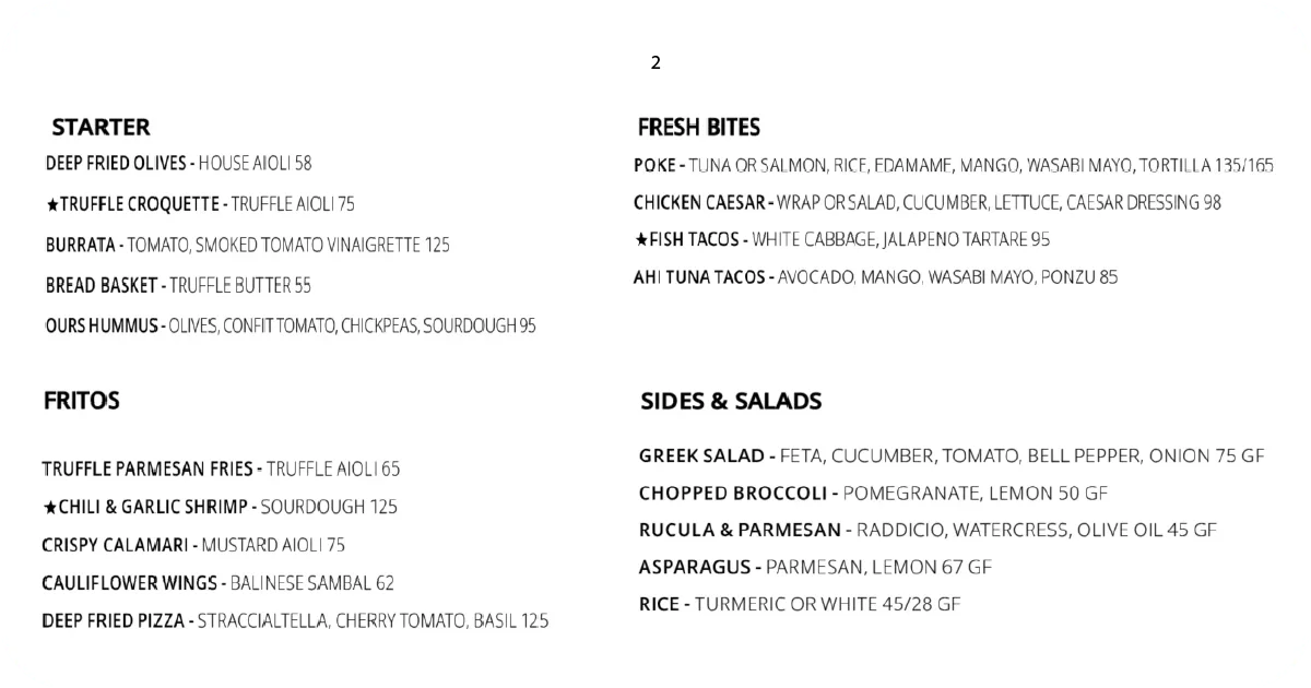 Ours menu starters, fritos, fish tacos, poke, and Greek salad