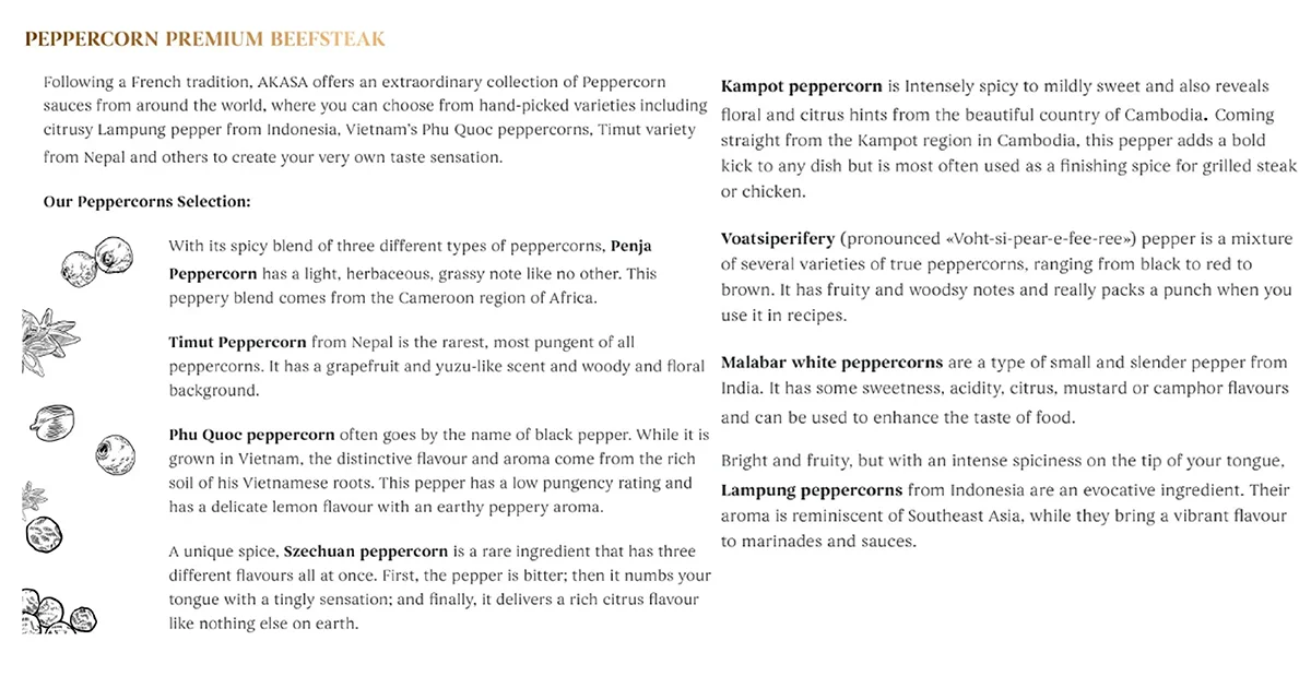 Peppercorn Premium Beefsteak page explaining global pepper varieties