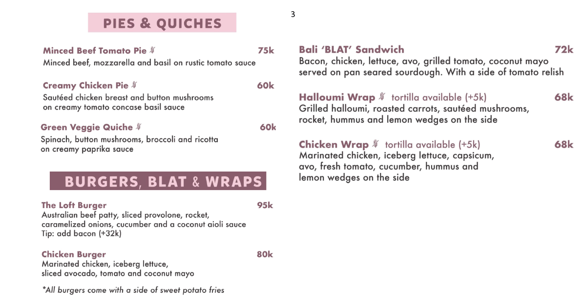 Pies, quiches, burgers and wraps menu with prices