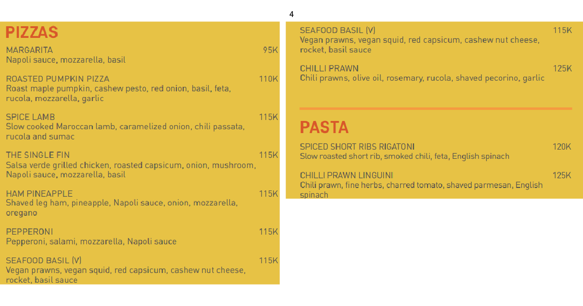 Pizza and pasta menu featuring seafood basil and chilli prawn