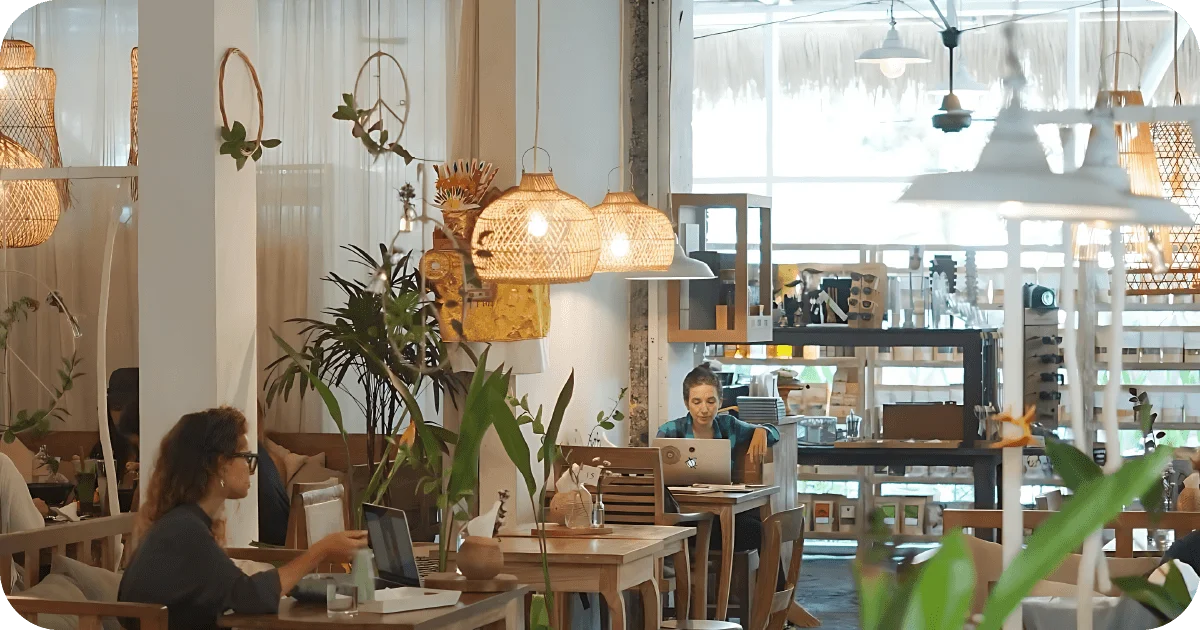 Plant-filled café, wicker lamps, guests working on laptops