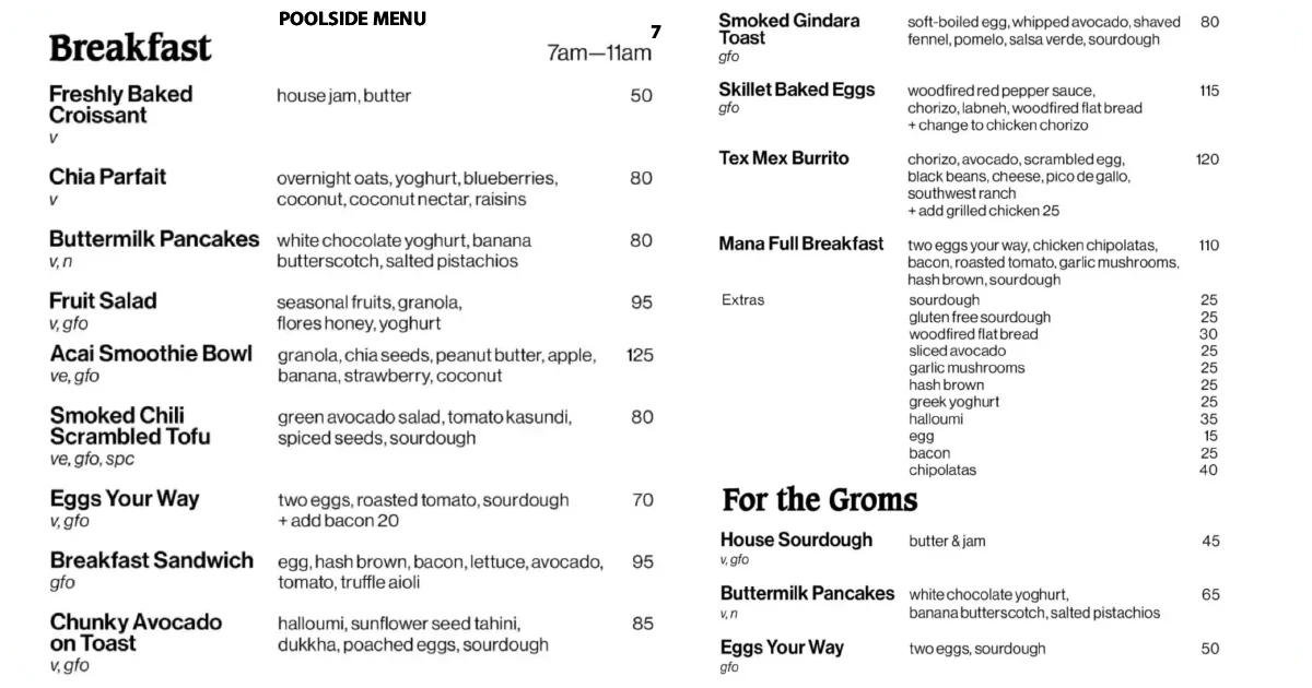 Poolside breakfast menu with pancakes, smoothie bowls, and full breakfast