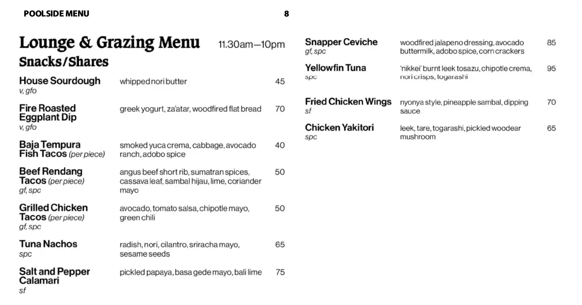 Poolside lounge snacks menu featuring tacos, nachos, ceviche, and wings