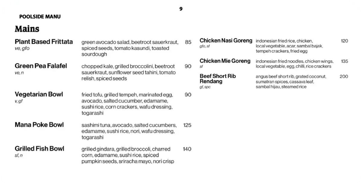 Poolside mains including bowls, frittata, falafel, nasi goreng, and rendang