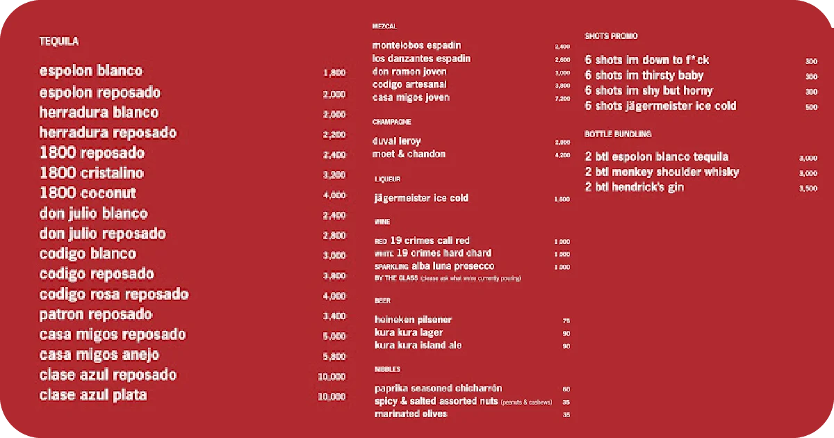 Platonic Bar Canggu: An Insider's Guide to This Cool Spot 9 Red menu with tequila list, mezcal selection, shots promos, bottle bundles