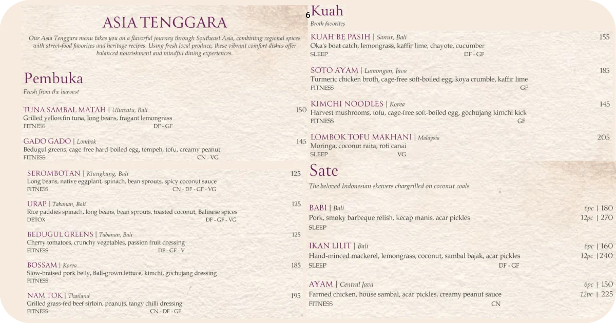 Rocka Asia Tenggara menu with appetizers, soups, and sate options