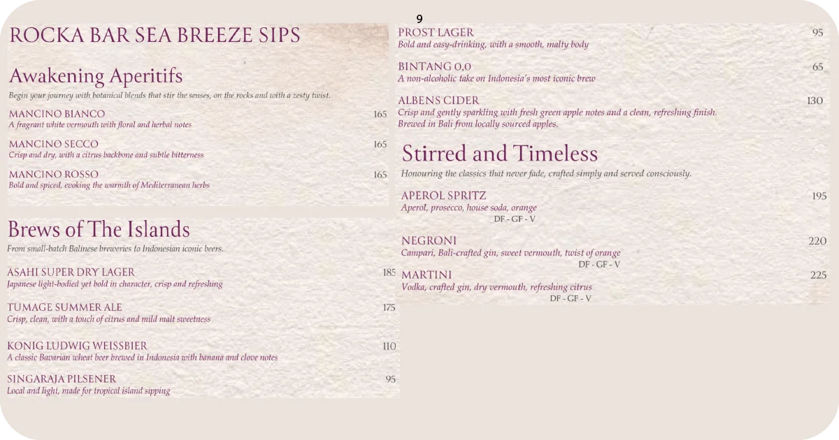 Rocka bar menu with aperitifs, island beers, and classic cocktails
