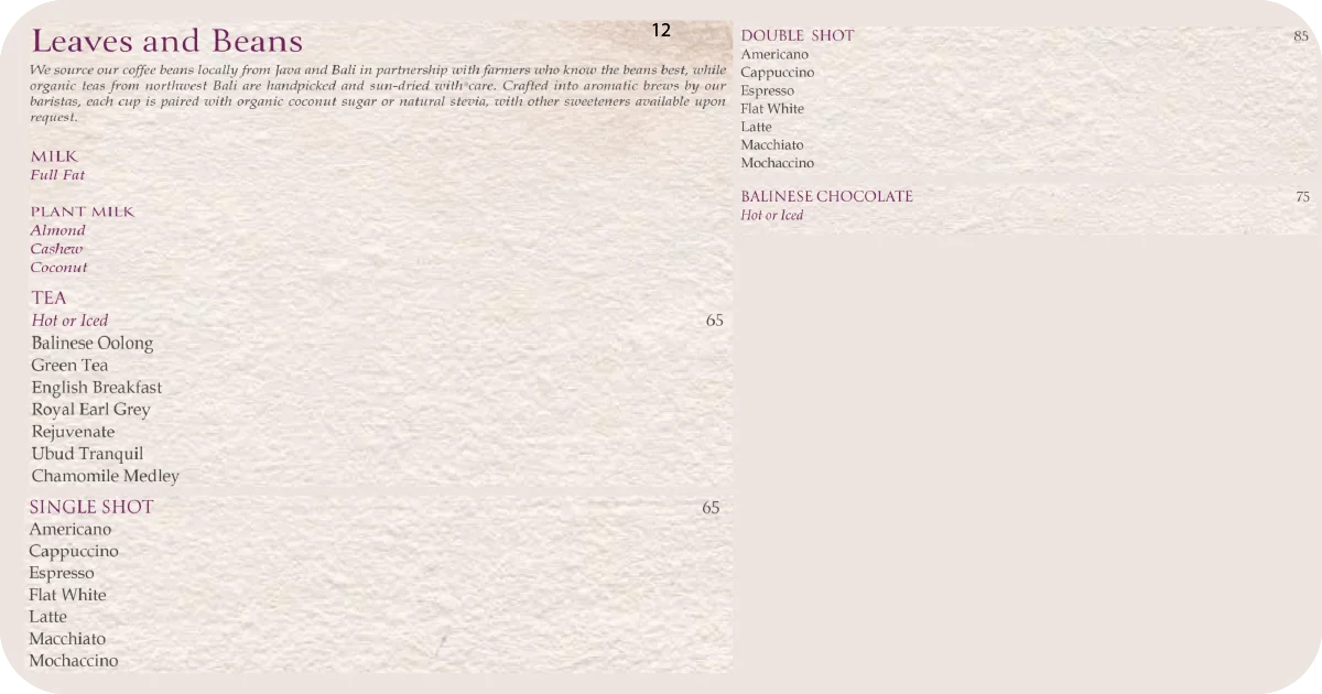 Rocka coffee and tea menu with milk and plant-based options