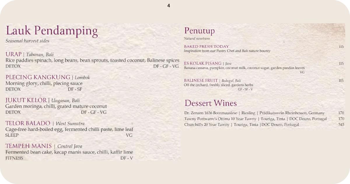 Rocka desserts and sides menu with local produce highlights