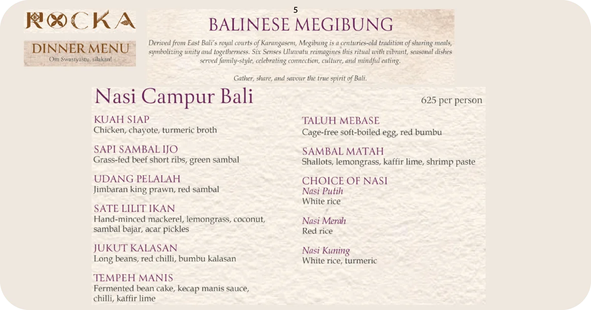 Rocka dinner menu page Balinese Megibung, Nasi Campur Bali set, 625