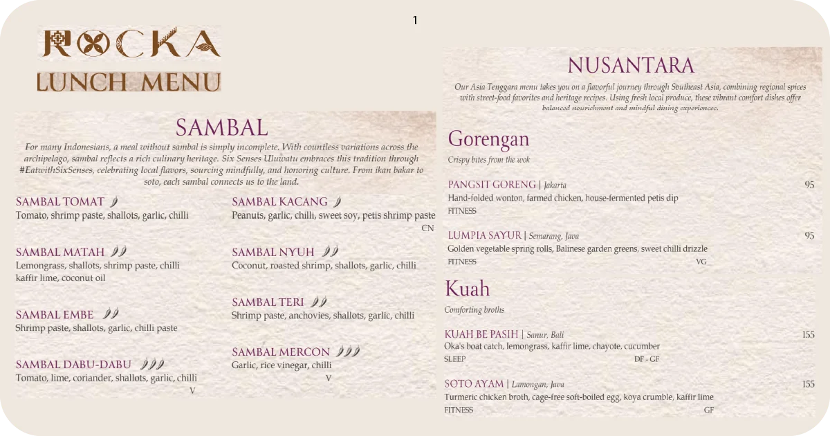 Rocka lunch menu featuring sambal varieties and Indonesian classics