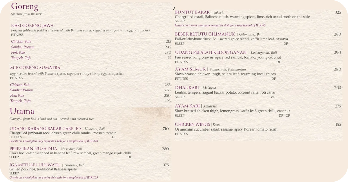 Rocka menu page featuring goreng dishes and Balinese mains