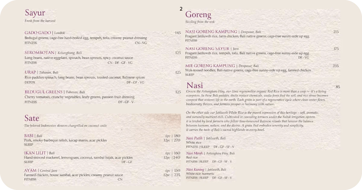 Rocka menu page with sayur, sate, goreng, nasi sections