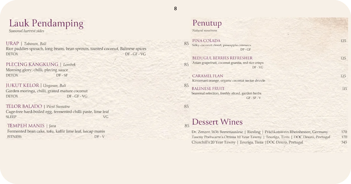 Rocka sides, desserts, and dessert wines menu page