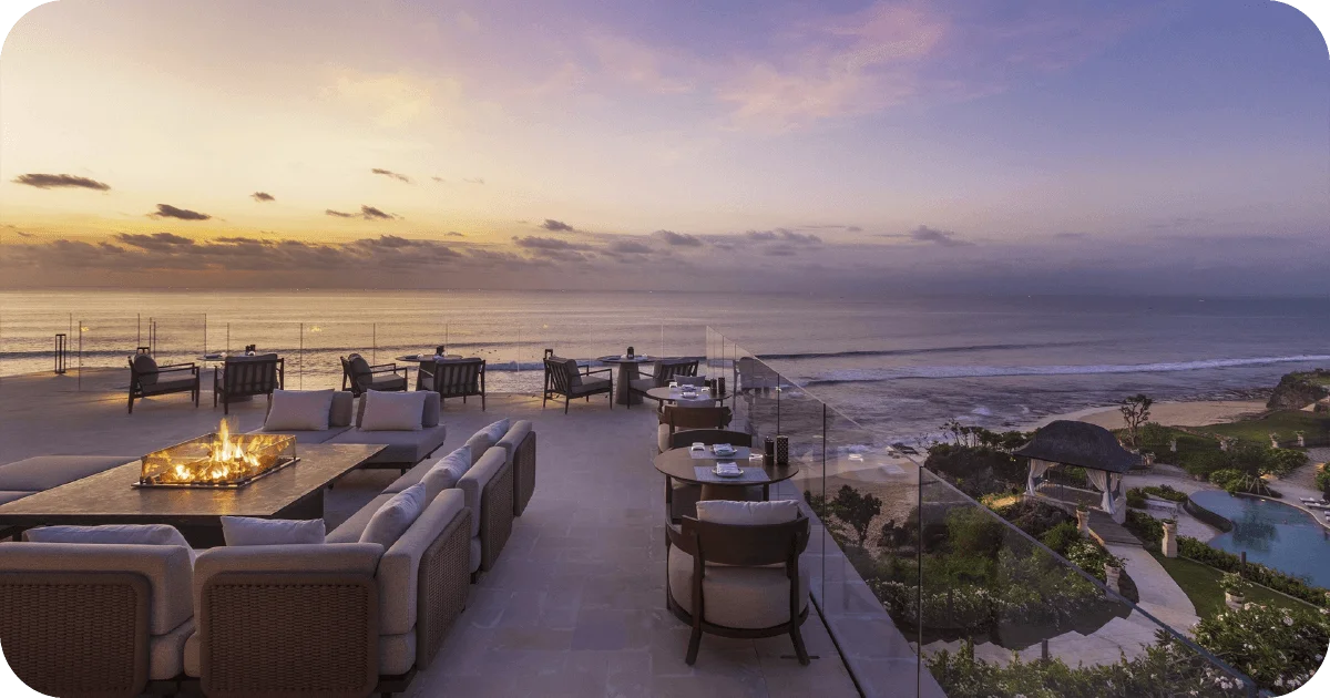 Rooftop terrace with fire pit overlooking the ocean