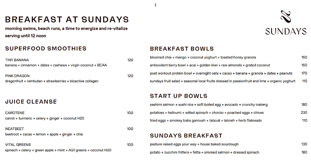 SUNDAYS breakfast menu with superfood smoothies, juice cleanse, and breakfast bowls