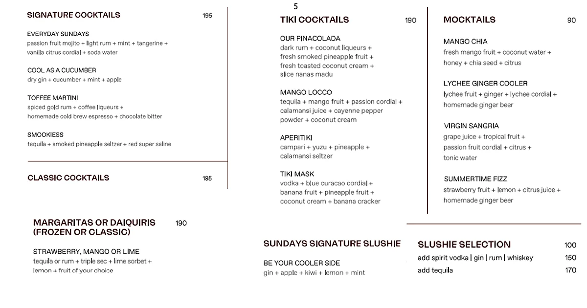 SUNDAYS drinks menu listing signature cocktails, tiki cocktails, mocktails, and slushies