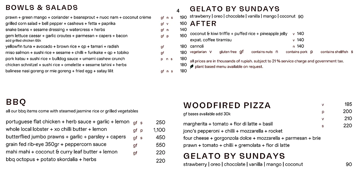 SUNDAYS menu featuring bowls, BBQ plates, woodfired pizza, and desserts