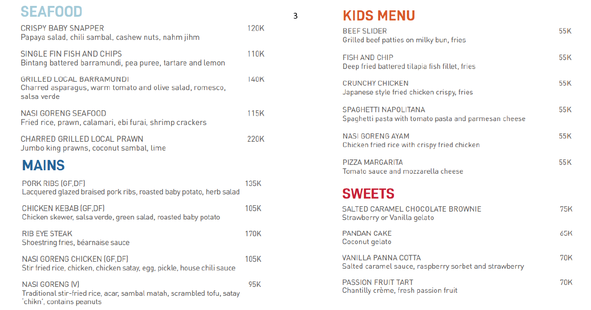 Seafood and mains menu including ribs, kebab, and nasi goreng