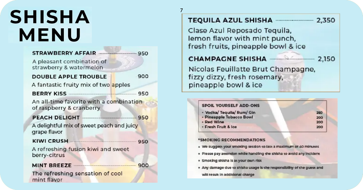 Shisha menu listing fruity flavors and tequila or champagne shisha