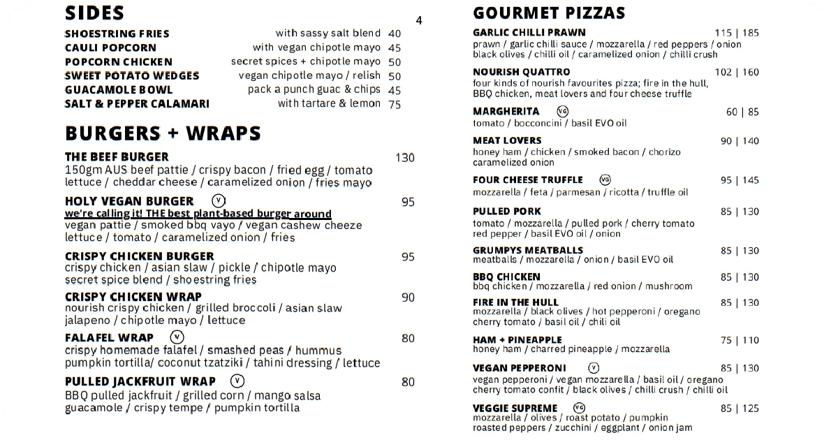 Sides, burgers and wraps, plus gourmet pizzas menu