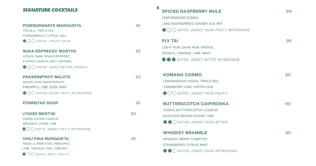 Signature cocktails list including espresso martini and mojito