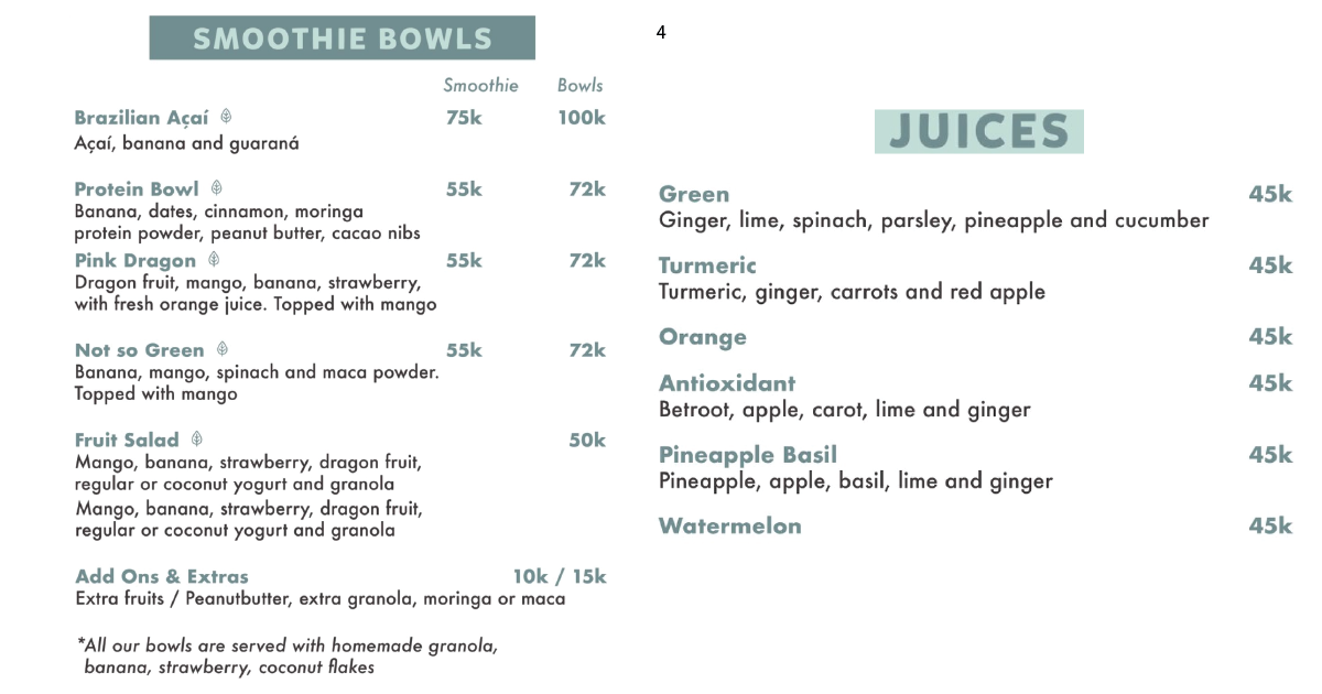Smoothie bowls and fresh juices menu with flavors and prices