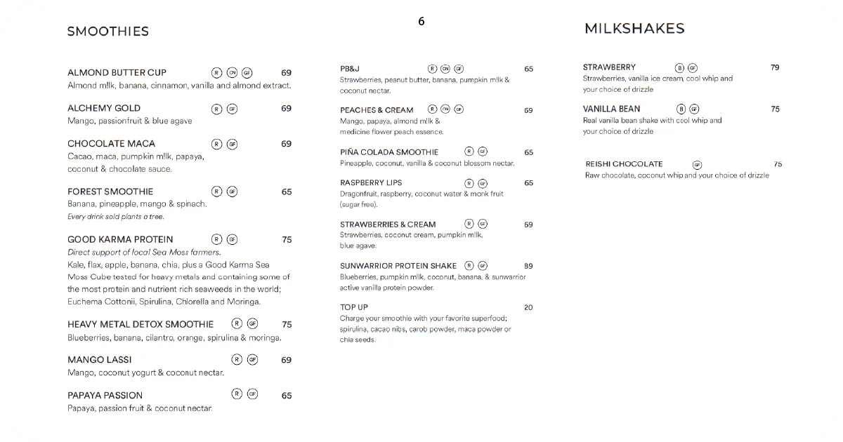 Smoothies and milkshakes menu featuring protein shakes and classic flavors