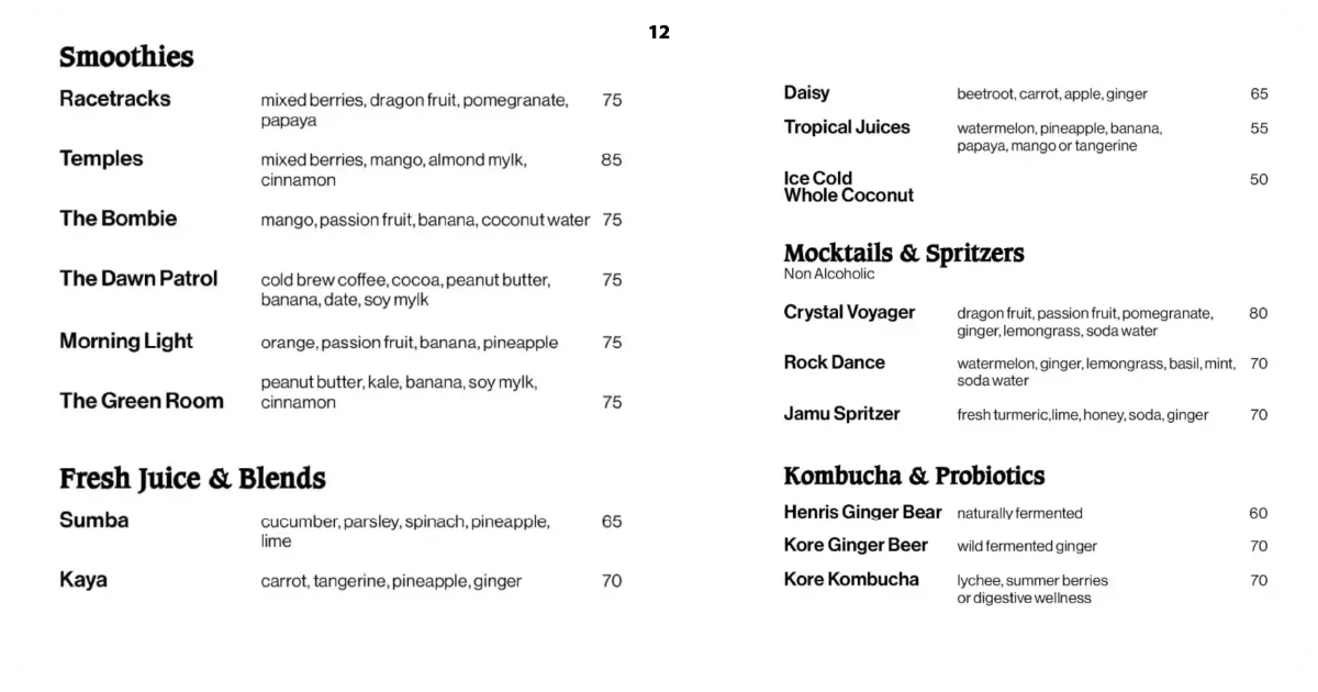 Smoothies, fresh juices, mocktails, and kombucha options listed