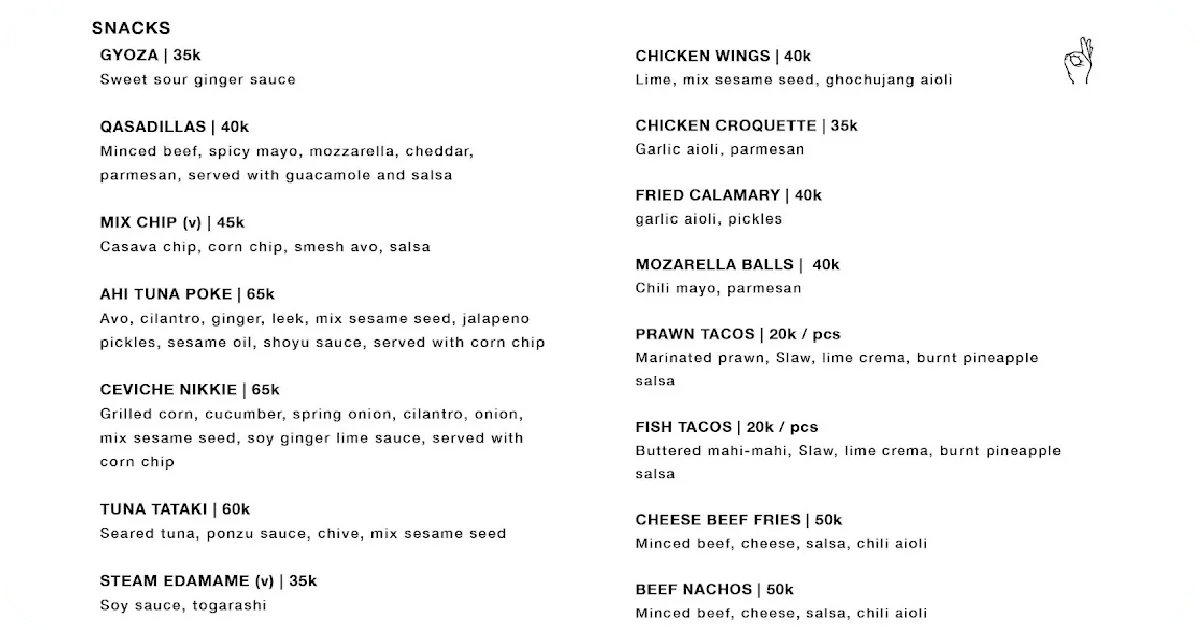 Snacks menu gyoza, tacos, poke, wings, nachos, mozzarella balls