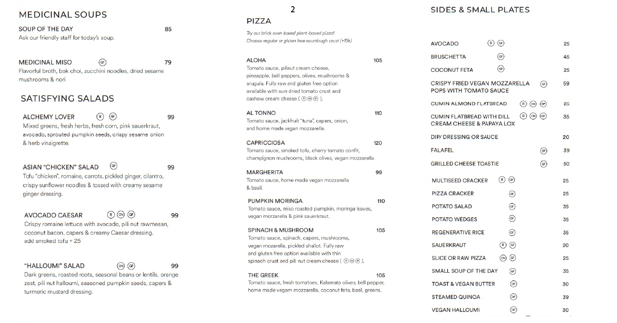 Soups, salads, plant-based pizzas, and sides menu options