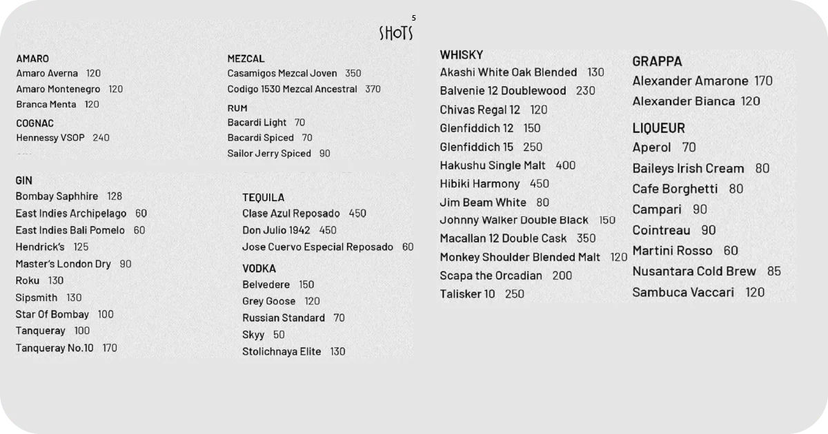 Spirits and shots list featuring gin, tequila, whisky, mezcal, grappa