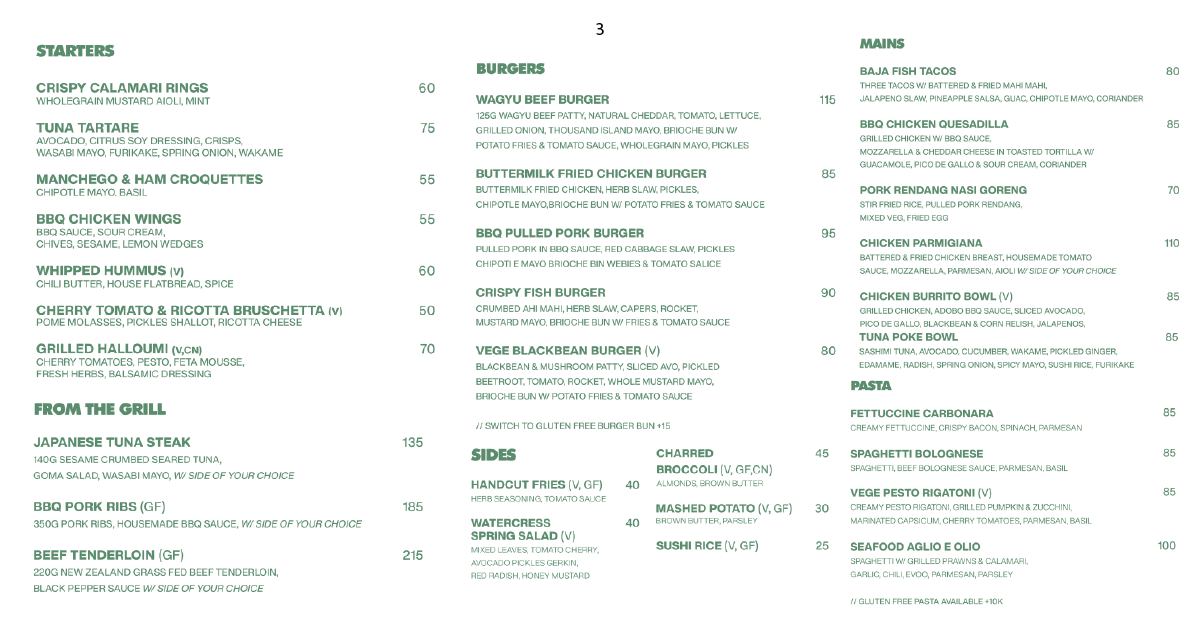 Starters, burgers, from-the-grill mains, sides, and pasta selection