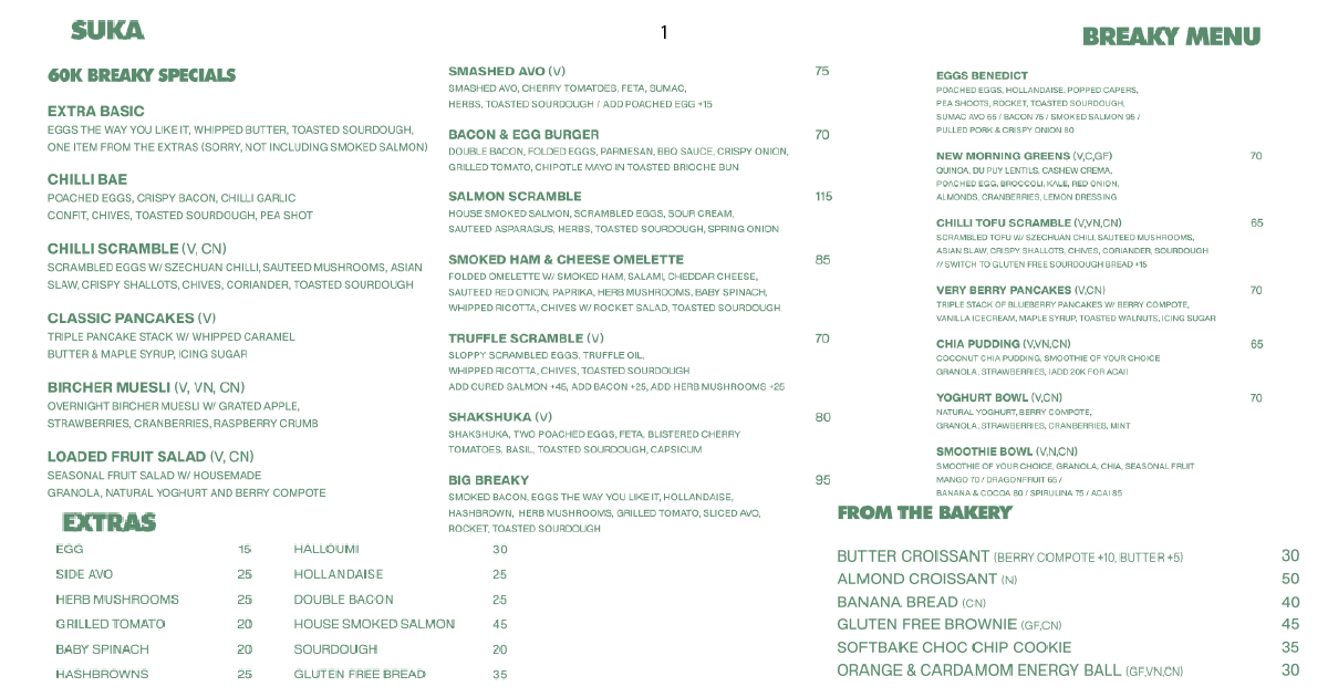 Suka breaky menu featuring eggs, pancakes, bowls, and bakery