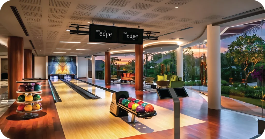 The Edge two-lane bowling alley beside garden-view lounge