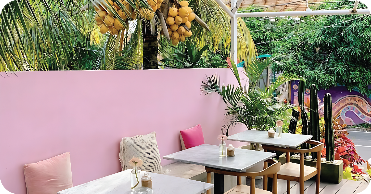 Tropical pink patio with marble tables, cushions, cacti, and coconuts