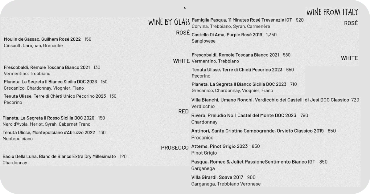 Wine by the glass selection from Italy across rosé, white, red