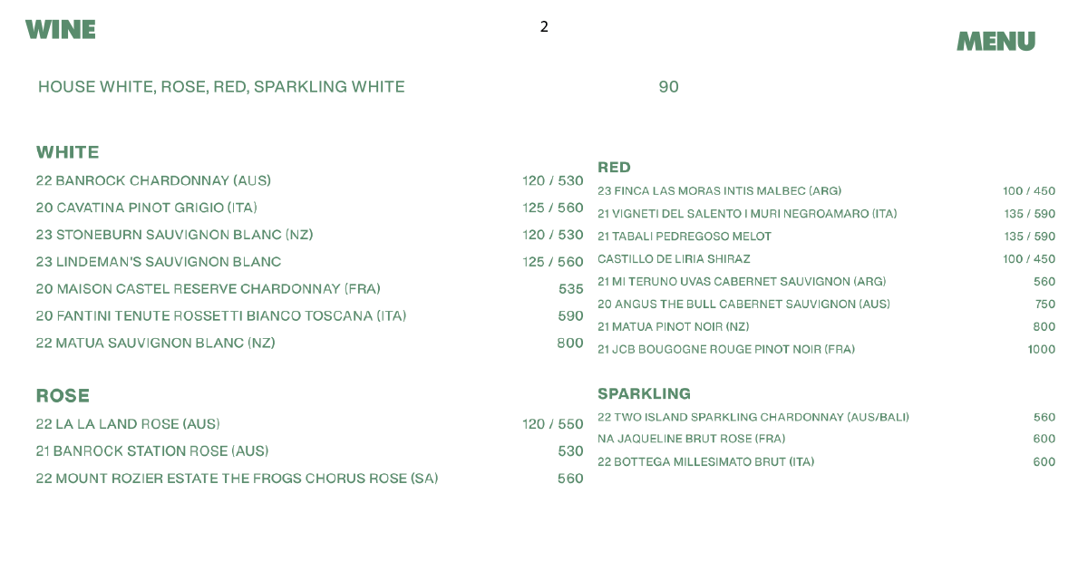 Wine list featuring whites, reds, rosé, and sparkling