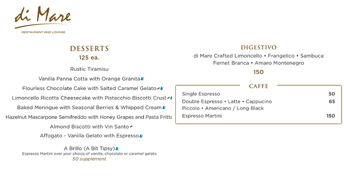 di Mare desserts and caffe menu, digestivo list and prices