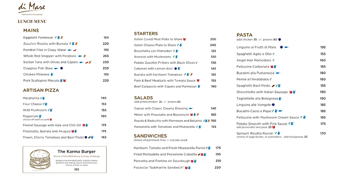 di Mare lunch menu with mains, artisan pizzas, and pasta