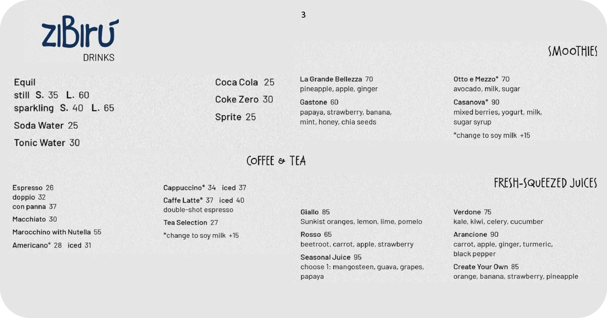 ziBirú drinks menu with coffees, smoothies, and fresh-squeezed juices