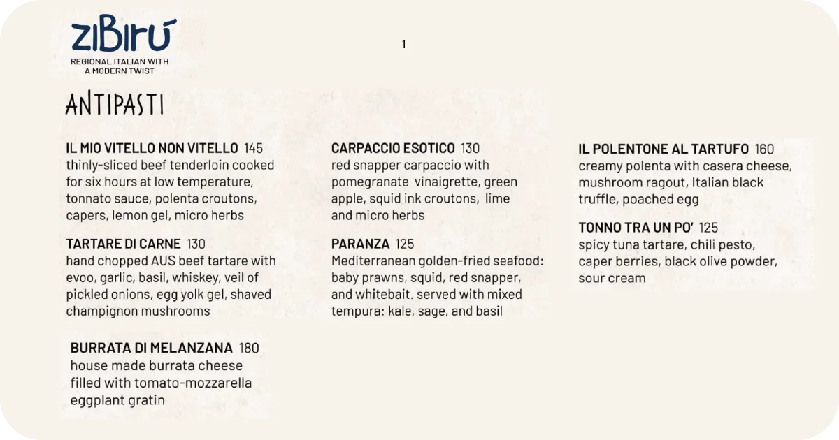 ziBirú menu page featuring antipasti like carpaccio and burrata