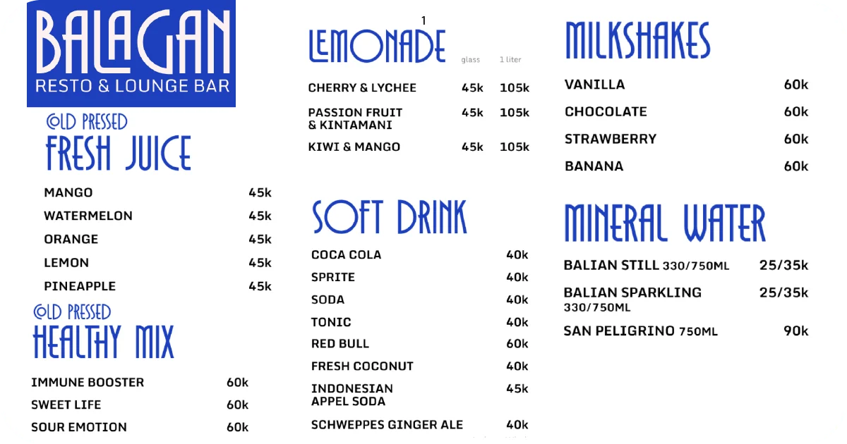 1. Balagan menu page with fresh juices, lemonades, milkshakes, and waters