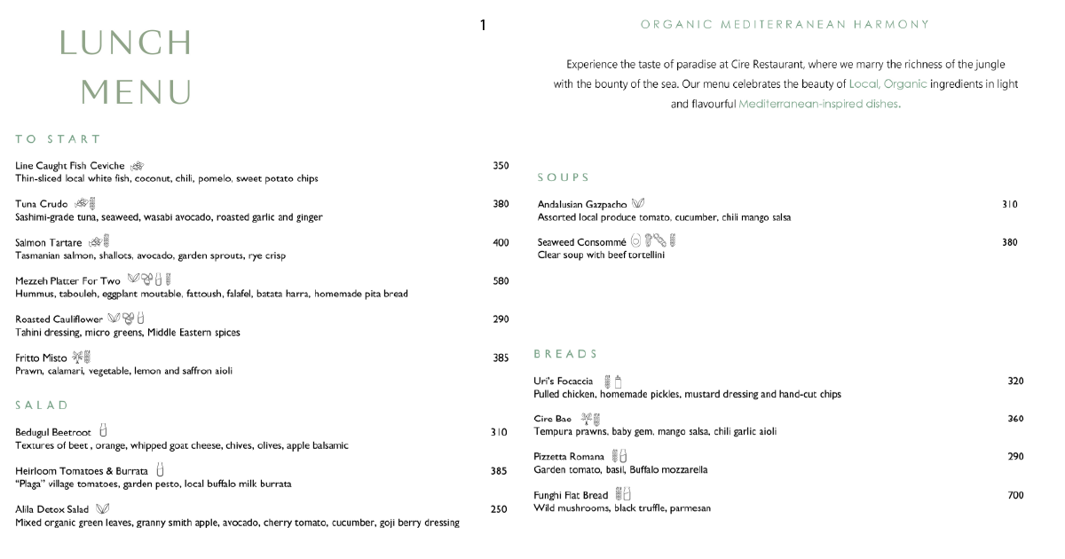 Cire Restaurant Alila Uluwatu: Is The View Worth The Price? 8 1. Cire Restaurant lunch menu featuring Mediterranean starters, soups, salads, breads